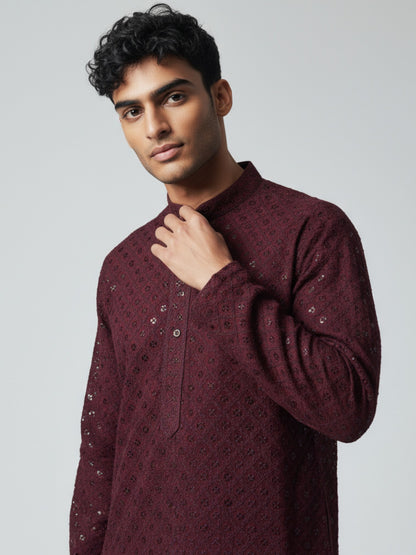 Wine Chikankari Kurta Pajama for Men – Elegant Mirror Work Design