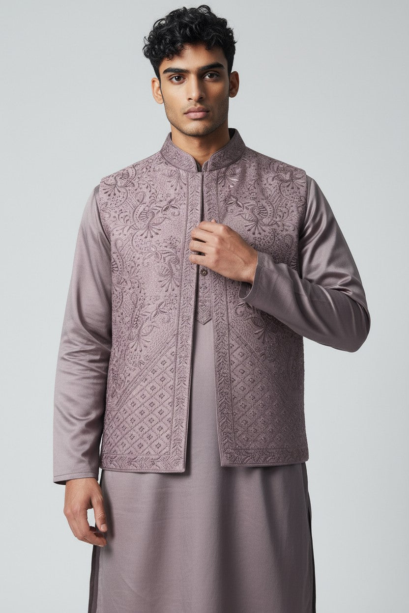 Mauve 3-Piece Kurta Set – Embroidered Jacket Ensemble