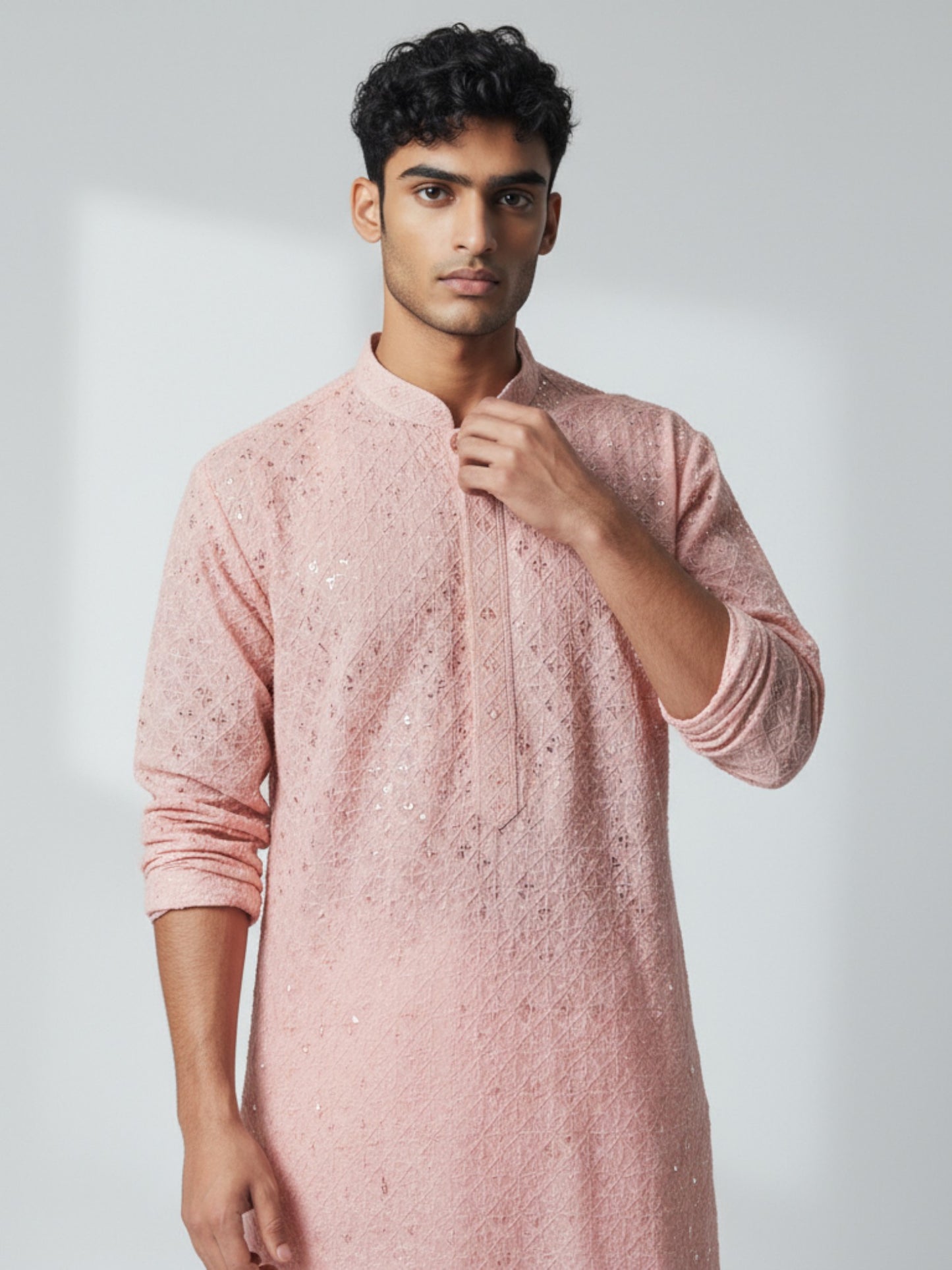 Blush Pink Chikankari Kurta Pajama for Men – Mirror Work Festive Wear