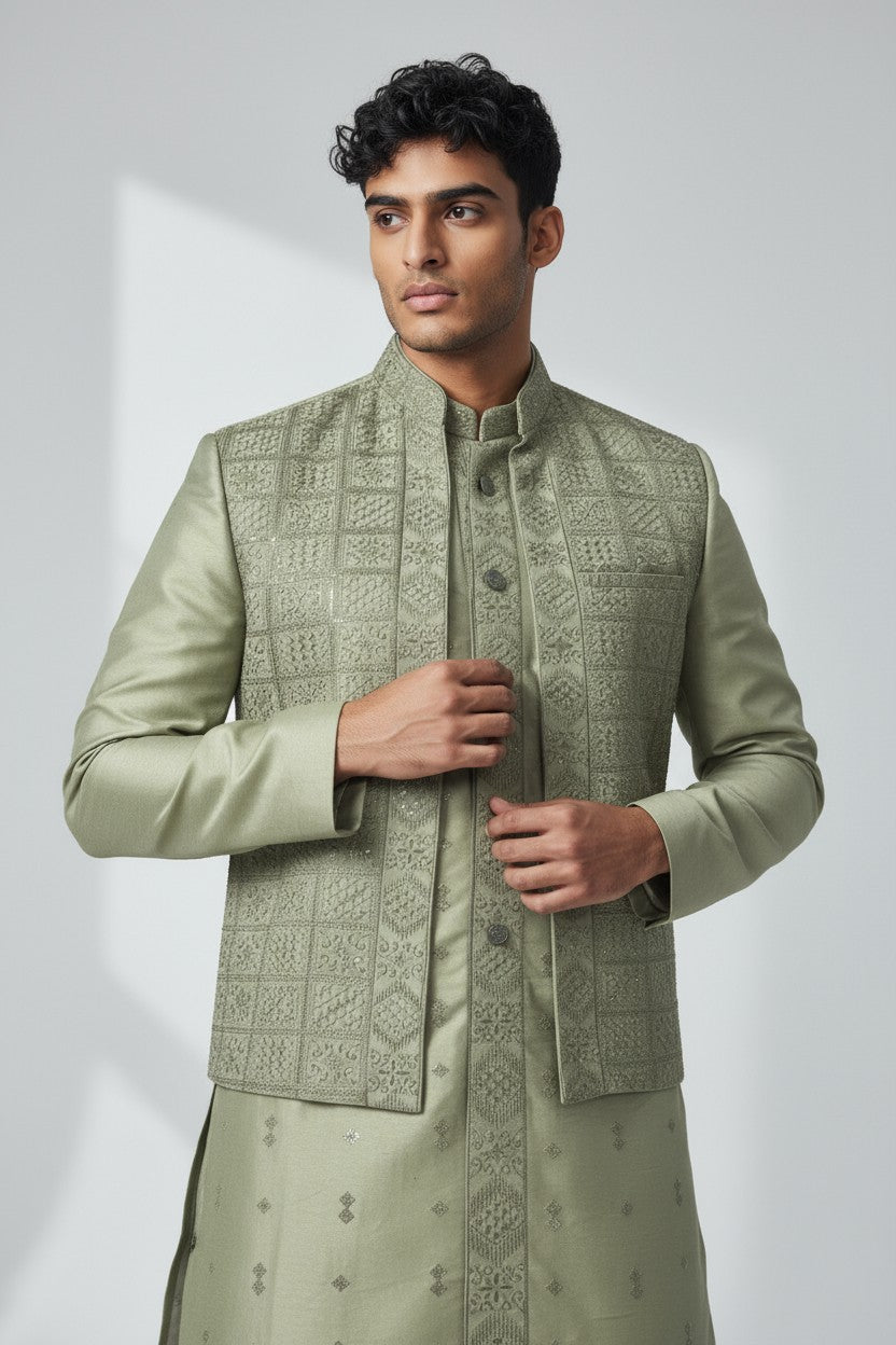 Sage Green 3-Piece Kurta Set – Embroidered Jacket Ensemble