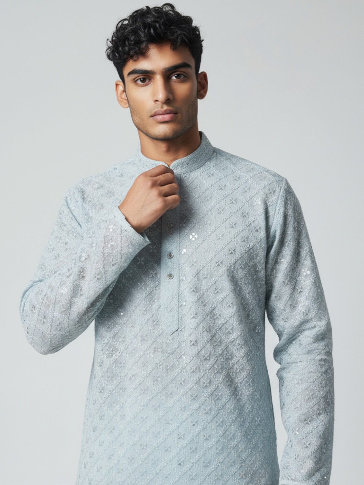Sky Blue Chikankari Kurta Pajama for Men – Elegant Mirror Work Festive Wear
