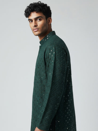 Forest Green Chikankari Kurta Pajama for Men – Mirror Embroidered Festive Wear