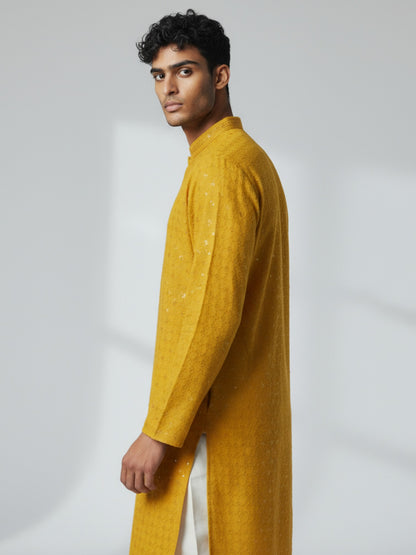 Mustard Yellow Chikankari Kurta Pajama for Men – Mirror Embroidered Festive Wear