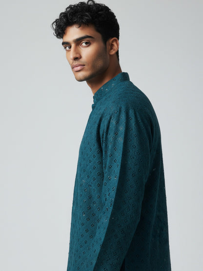Teal Blue Chikankari Kurta Pajama for Men – Elegant Embroidered Festive Wear