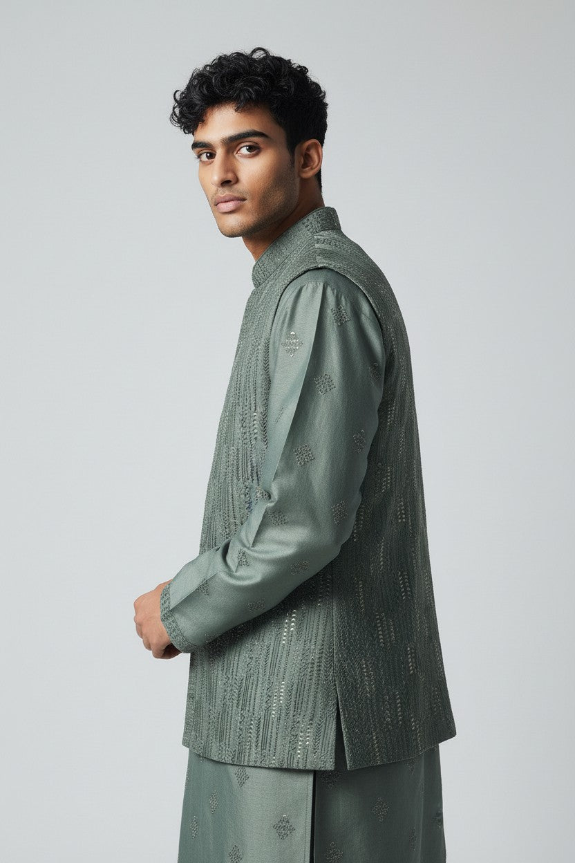 Olive Green 3-Piece Kurta Set – Embroidered Festive Wear