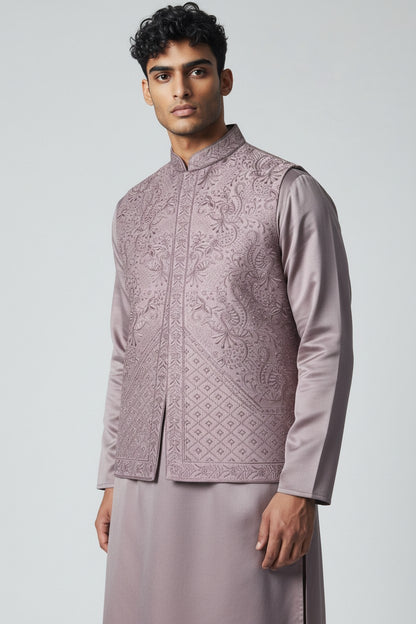 Mauve 3-Piece Kurta Set – Embroidered Jacket Ensemble