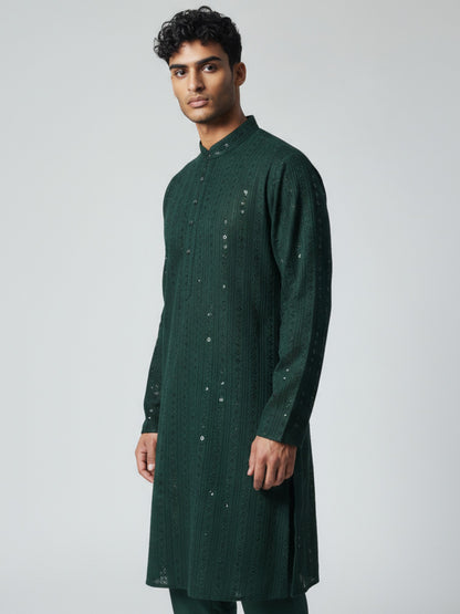 Forest Green Chikankari Kurta Pajama for Men – Festive Embroidered Set