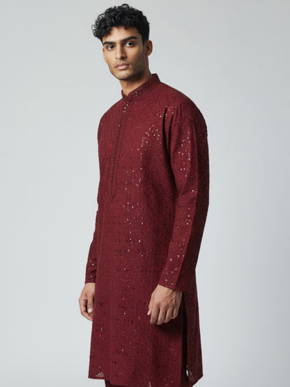 Red Chikankari Kurta Pajama for Men – Elegant Mirror Embroidered Festive Wear