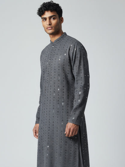 Charcoal Grey Chikankari Kurta Pajama for Men – Elegant Festive Wear