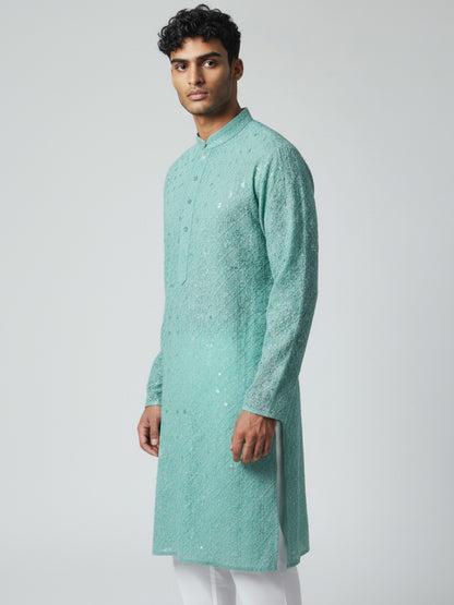 Aqua Blue Chikankari Kurta Pajama for Men – Mirror Work Festive Wear