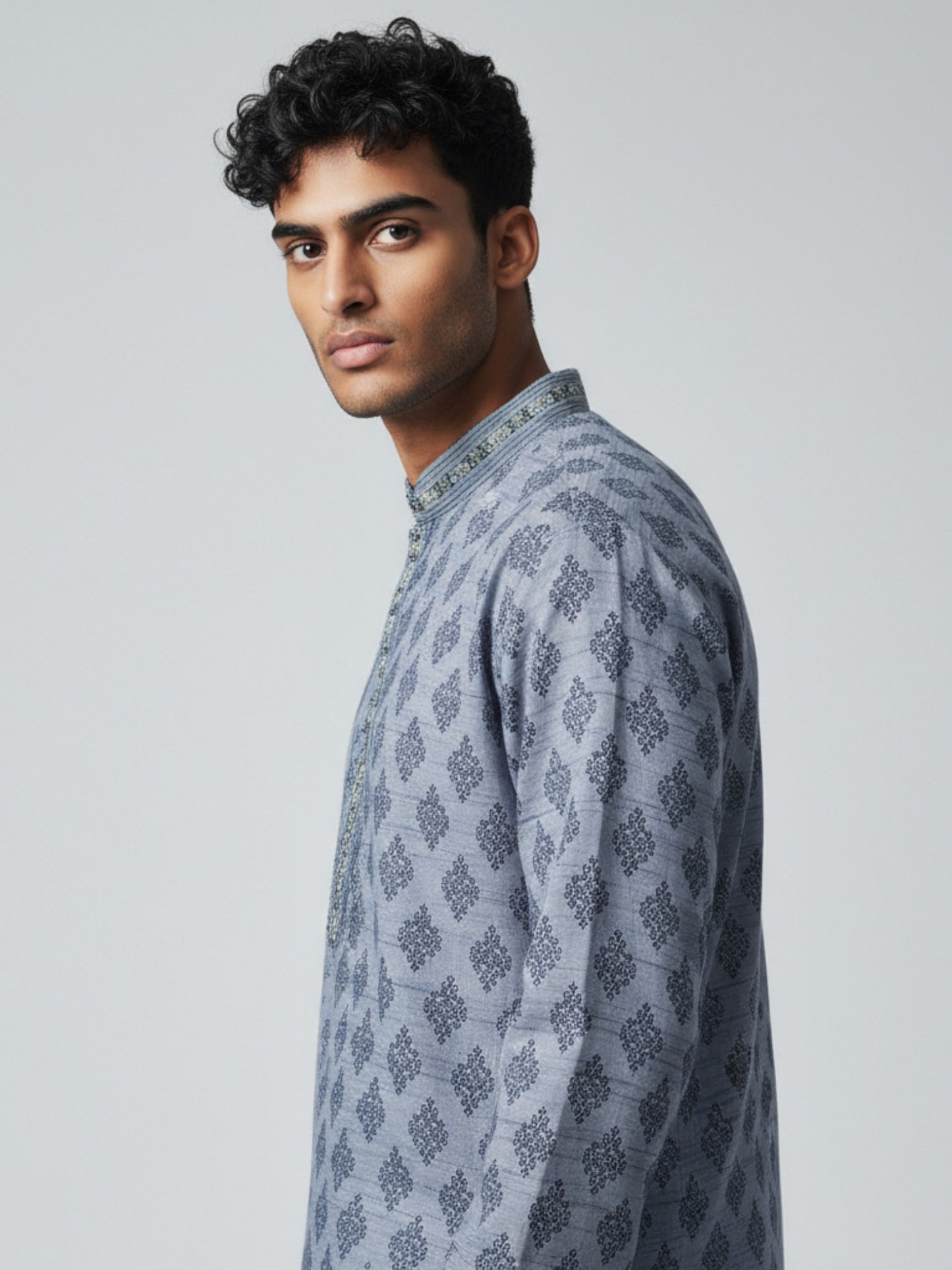 Blue Patterned Kurta Pajama for Men – Elegant Festive Outfit