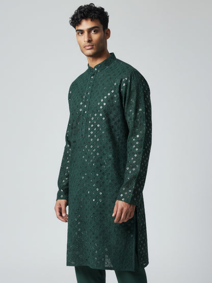Forest Green Chikankari Kurta Pajama for Men – Mirror Embroidered Festive Wear