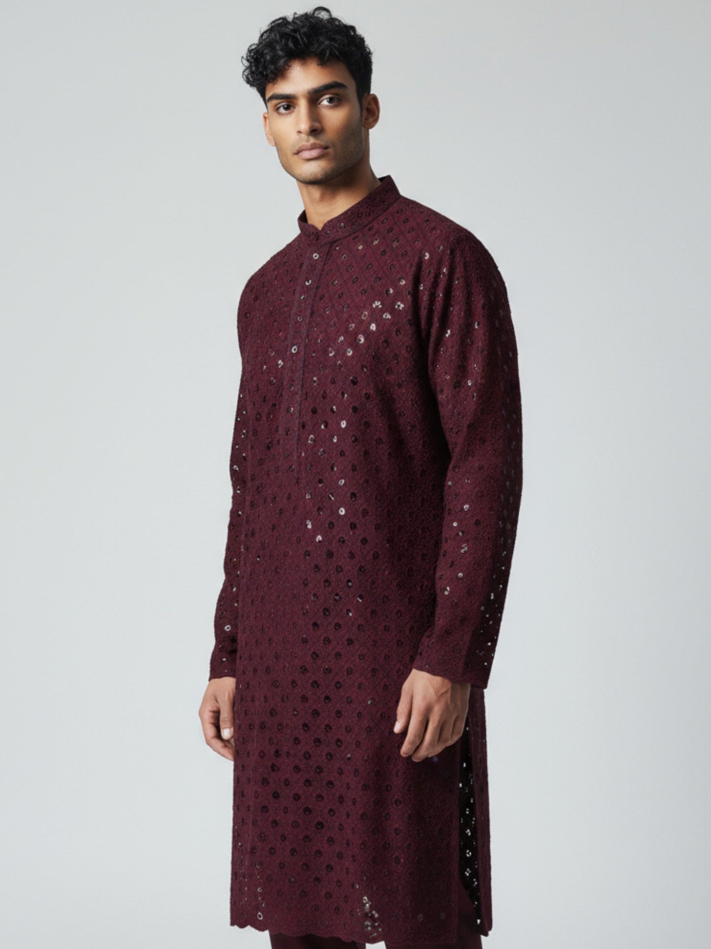 Wine Chikankari Kurta Pajama for Men – Elegant Mirror Work Design