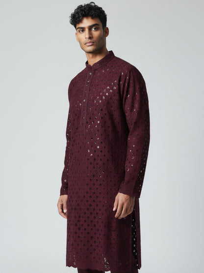 Wine Chikankari Kurta Pajama for Men – Elegant Mirror Work Design