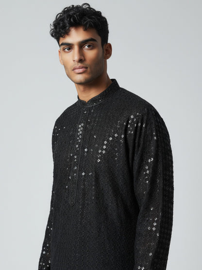 Black Chikankari Kurta Pajama for Men – Elegant Mirror Embroidered Party Wear