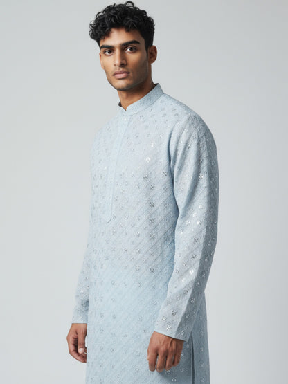 Sky Blue Chikankari Kurta Pajama for Men – Elegant Mirror Work Festive Wear