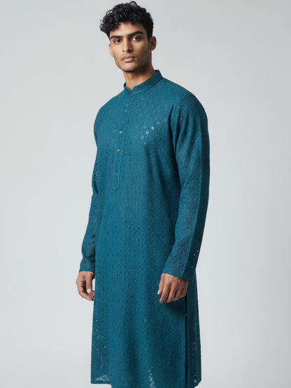 Teal Blue Chikankari Kurta Pajama for Men – Elegant Embroidered Festive Wear