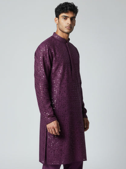 Purple Chikankari Kurta Pajama for Men – Mirror Embroidered Festive Wear