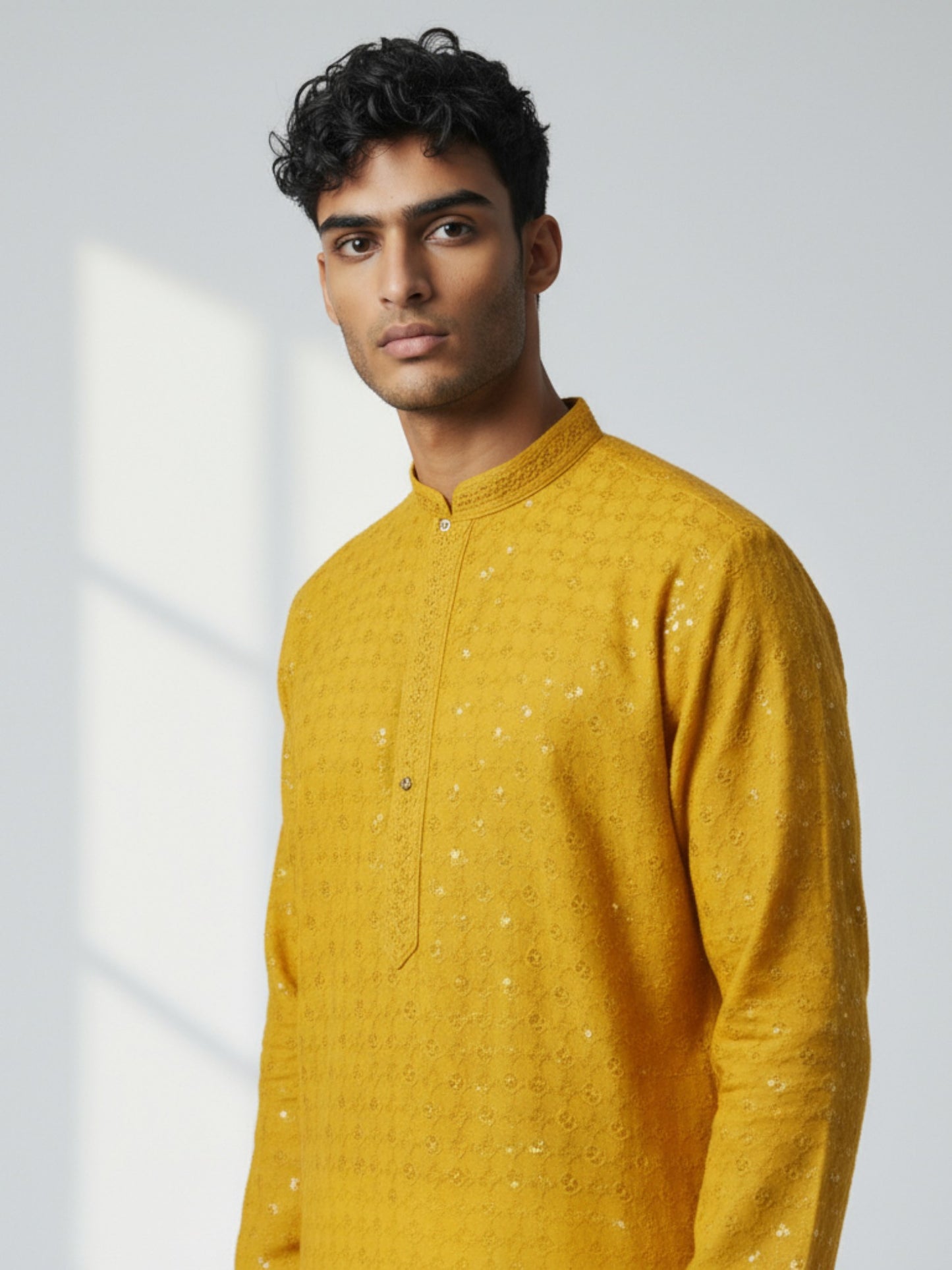 Mustard Yellow Chikankari Kurta Pajama for Men – Mirror Embroidered Festive Wear