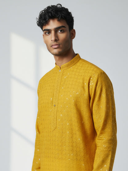 Mustard Yellow Chikankari Kurta Pajama for Men – Mirror Embroidered Festive Wear