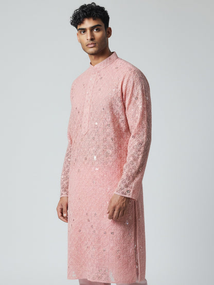 Blush Pink Chikankari Kurta Pajama for Men – Mirror Work Festive Wear