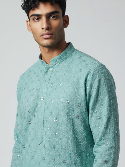 Aqua Blue Chikankari Kurta Pajama for Men – Mirror Work Festive Wear