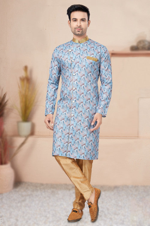 Light Blue Cotton Printed Indo-Western Men's Sherwani