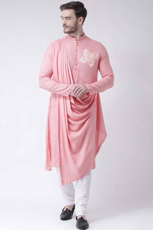 Light Pink Cotton Foil Printed Men Kurta Pajama