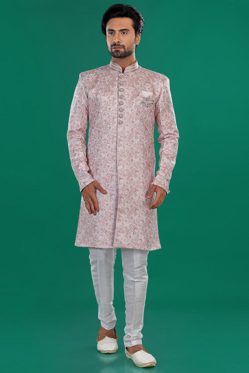 Light Pink Jacquard Weaved Thread Indo Western Men's Sherwani