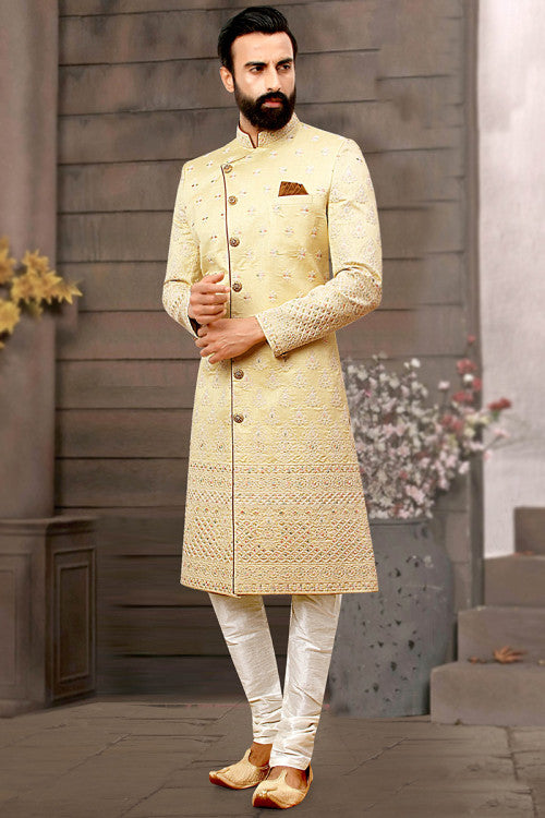 Achkan Men Sherwani in Art Silk Light Yellow for Engagement