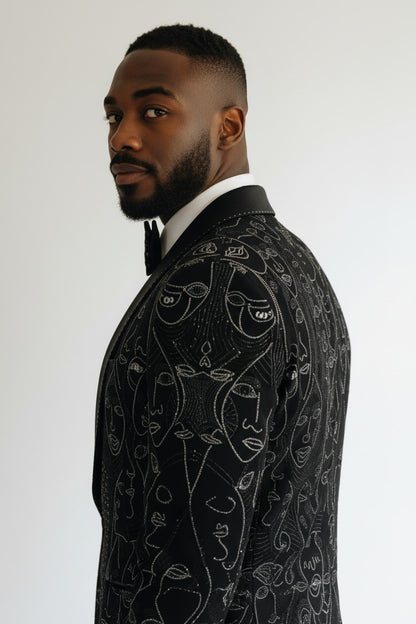 Black Abstract Line-Art Embroidered Suit with Satin Lapels – Premium Formalwear