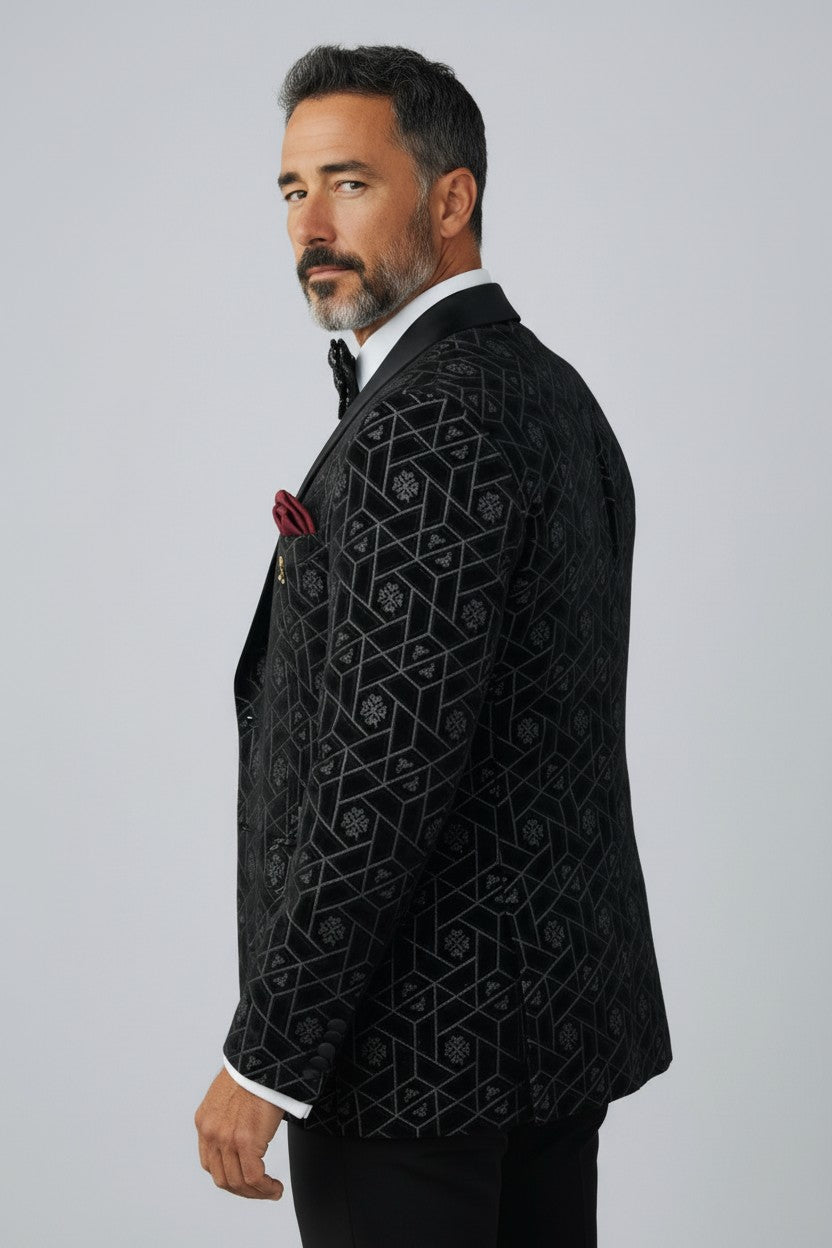 Men’s Black Velvet Suit with Geometric Design – Luxury Formal Attire