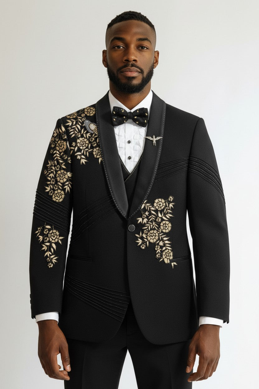 Men’s Luxury Black Suit with Gold Floral Embroidery