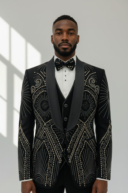 Men's Luxury Black Suit with Golden Gear Embellishments