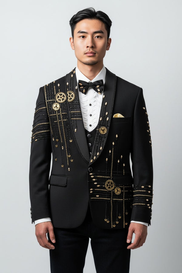 Men’s Luxury Black Suit with Golden Gear Embroidery