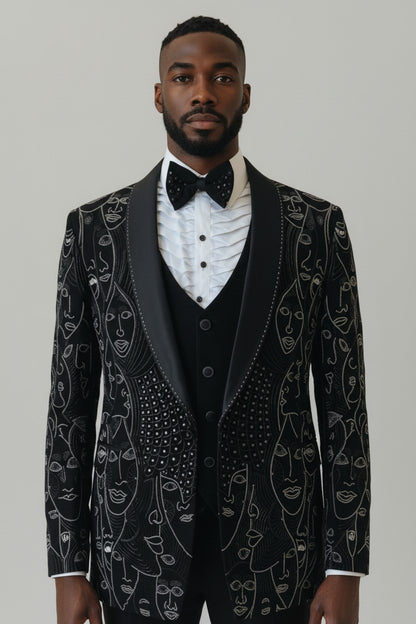 Black Abstract Line-Art Embroidered Suit with Satin Lapels – Premium Formalwear