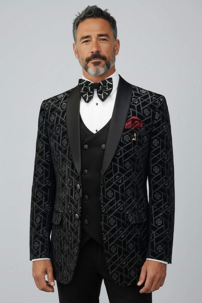 Men’s Black Velvet Suit with Geometric Design – Luxury Formal Attire