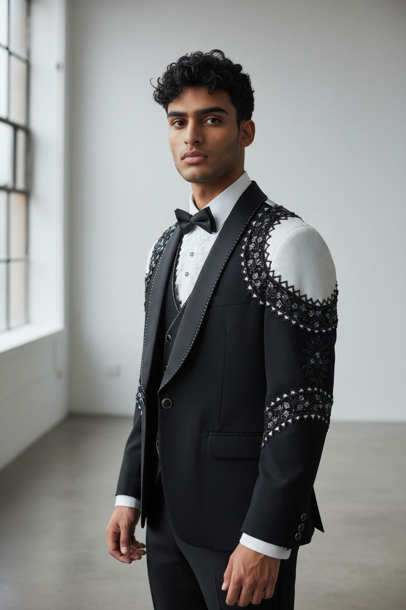 Men's Classic Black 3-Piece Formal Suit with Regal Embroidered Detailing