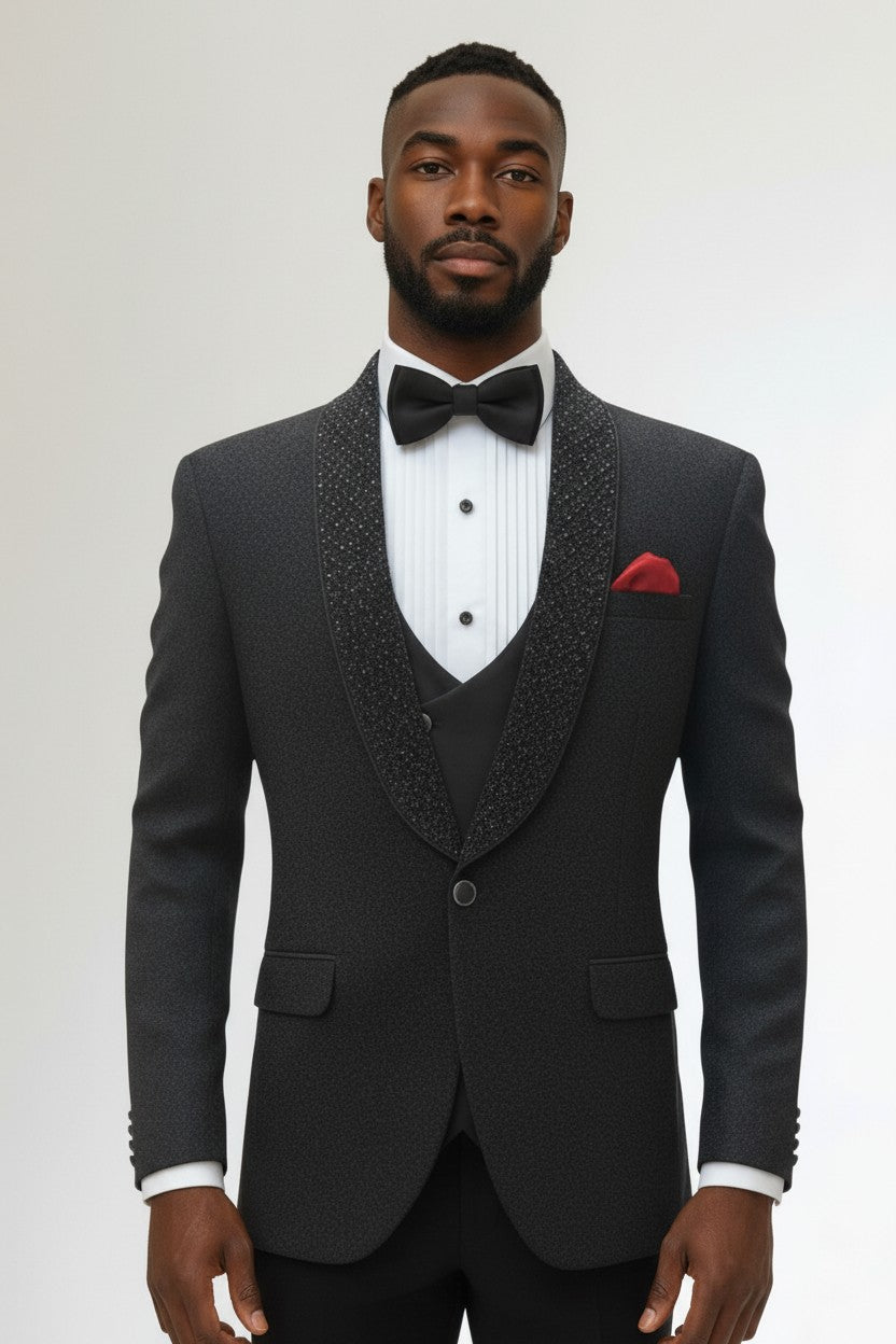 Black Luxury Tuxedo with Textured Shawl Lapel