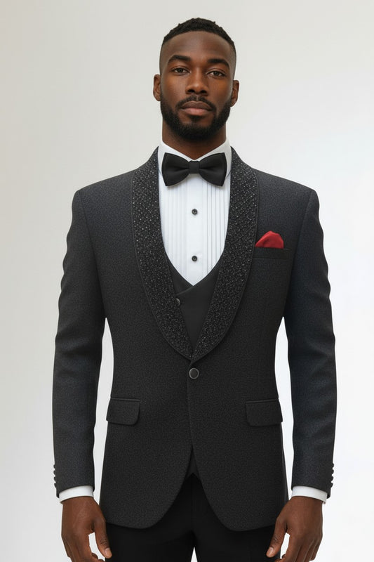 Black Luxury Tuxedo with Textured Shawl Lapel