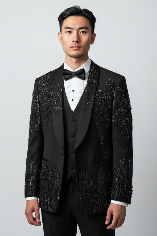 Men’s Luxury Midnight Black Tuxedo with Embellished Detailing