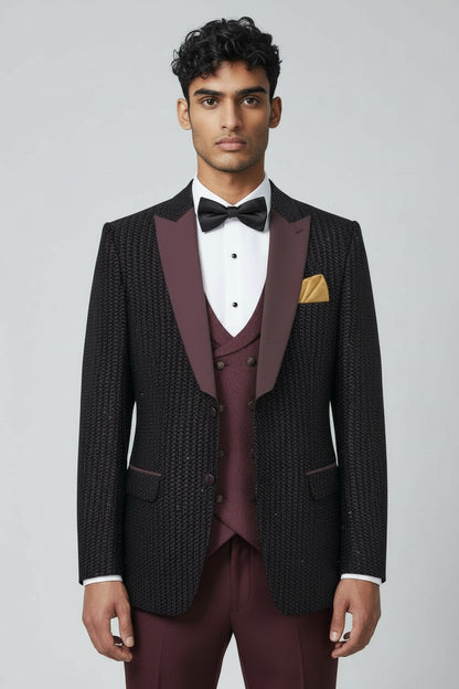 Blazer élégant marron texturé pour homme avec revers en satin | Vêtements de cérémonie haut de gamme