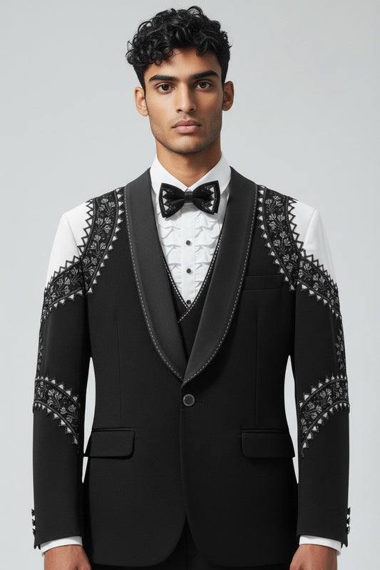 Men's Classic Black 3-Piece Formal Suit with Regal Embroidered Detailing