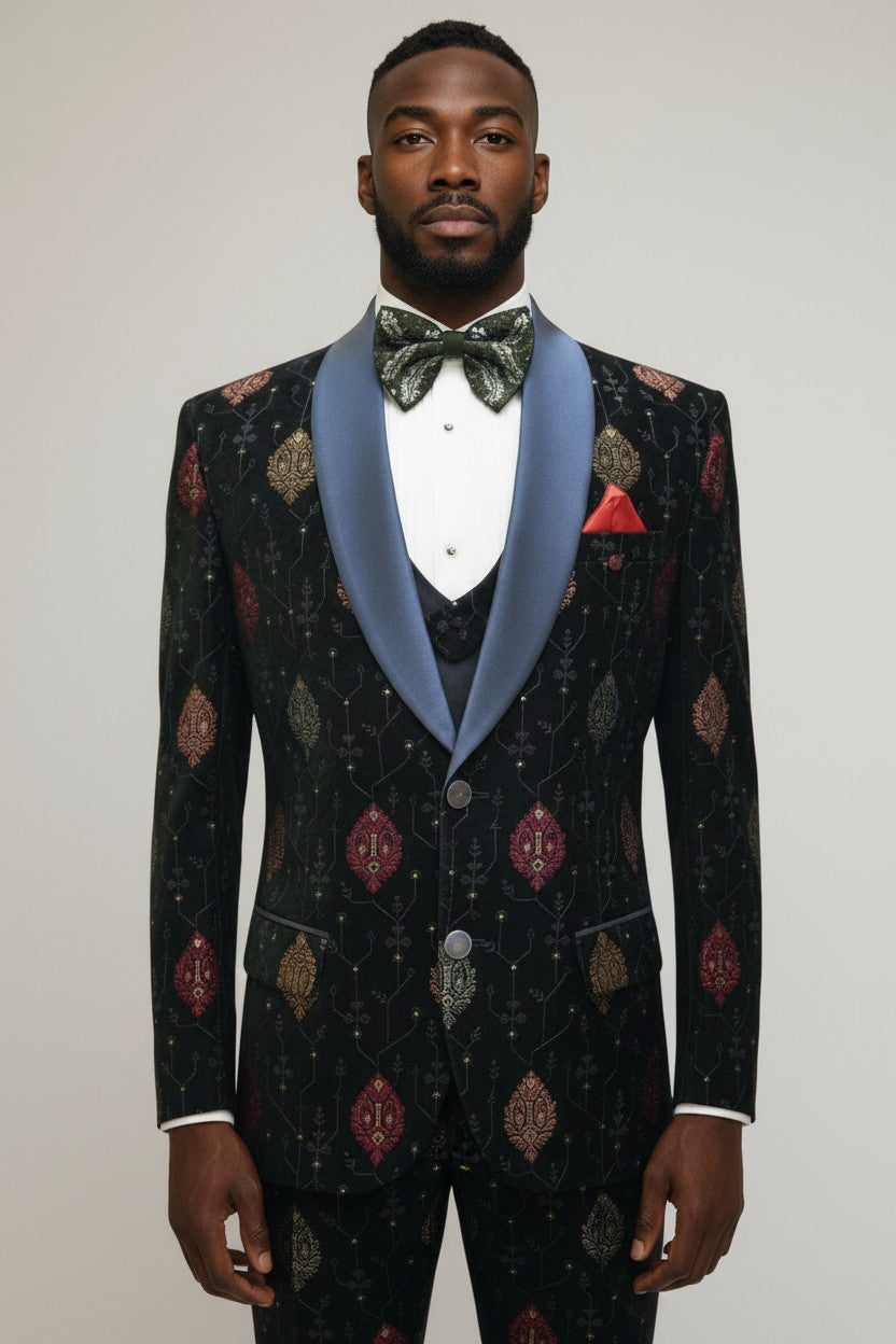 Blazer luxueux en velours bleu marine brodé pour homme avec revers en satin