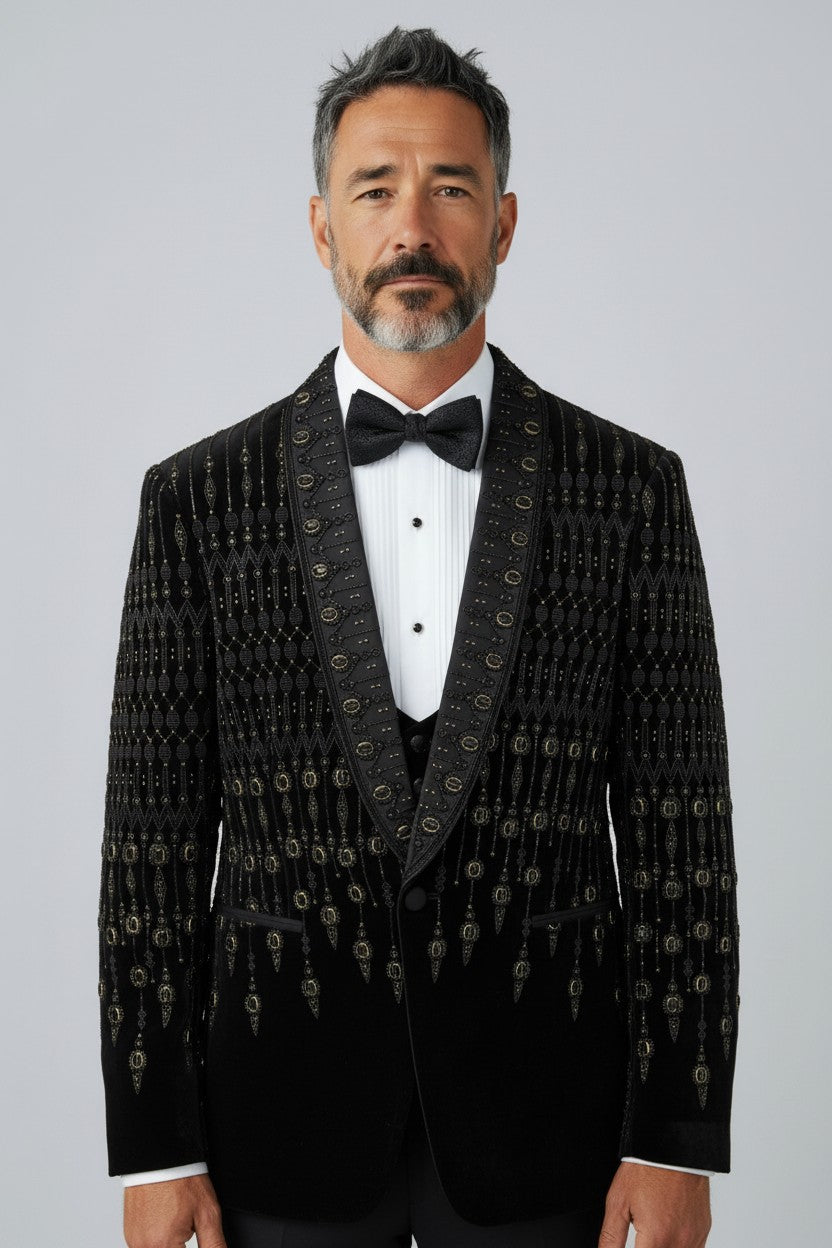 Men's Luxury Black & Gold Velvet 3-Piece Suit - Precision Tailoring with Regal Embroidery