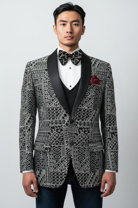 Men’s Black & Silver Embroidered Suit – Intricate Detail, Luxury Formal Jacket