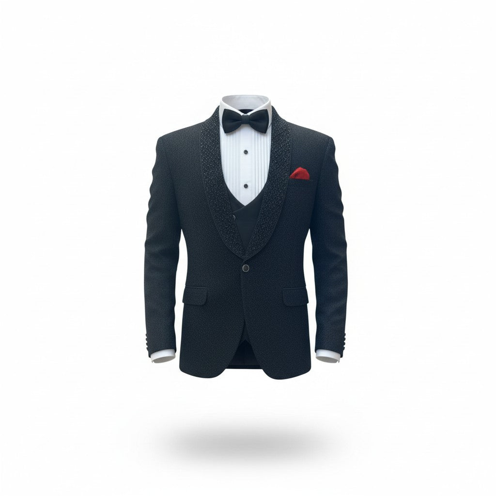 Black Luxury Tuxedo with Textured Shawl Lapel