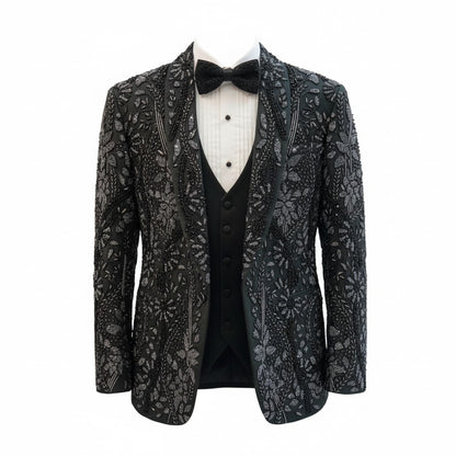 Dark Green Luxury Embroidered Tuxedo Set with Satin Lapels
