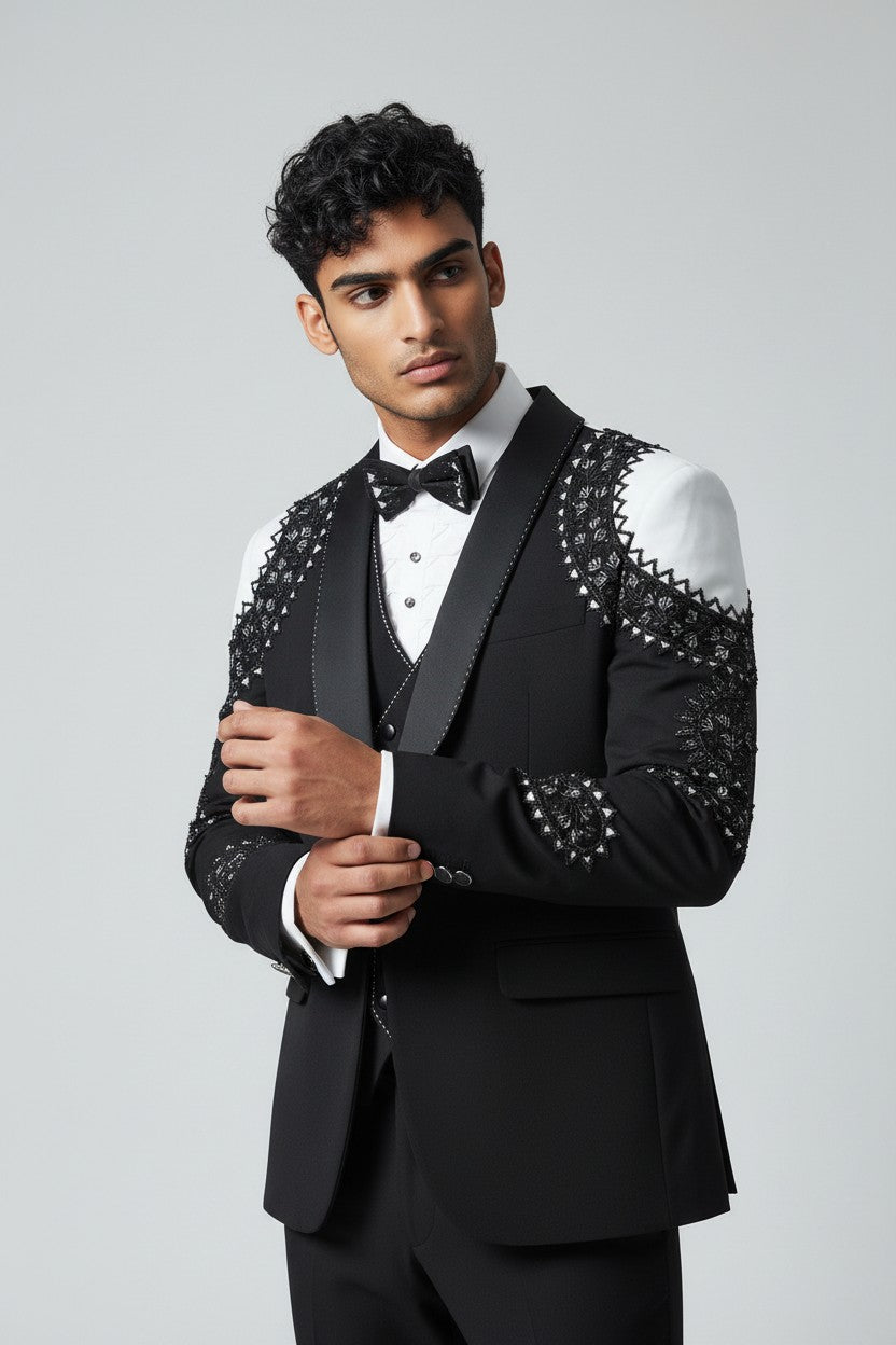 Men's Classic Black 3-Piece Formal Suit with Regal Embroidered Detailing