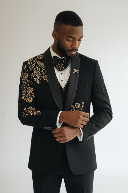 Men’s Luxury Black Suit with Gold Floral Embroidery